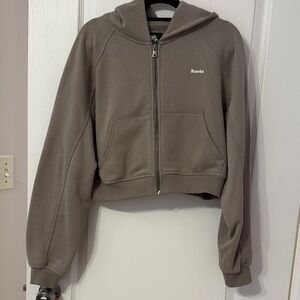 Roots Cropped Zip Hoodie in Taupe Brown/khaki/
